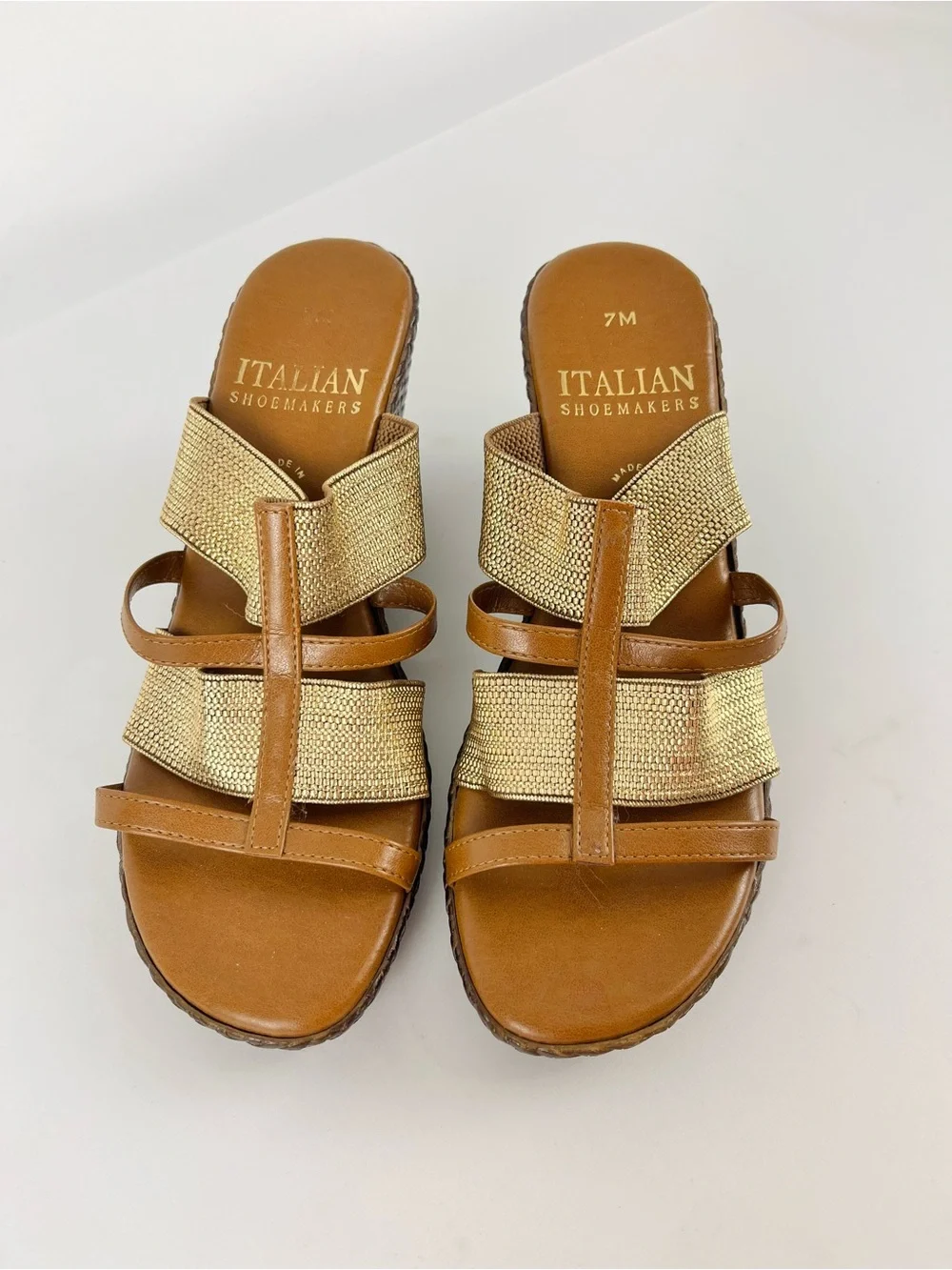 Italian Shoemakers Metallic Gold and Dark Tan Woven Wedge Sandals Size 7